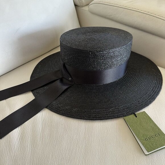 NWT GUCCI Straw Hat Black Ribbon How GG Sz XL 59 cm - Picture 5 of 10